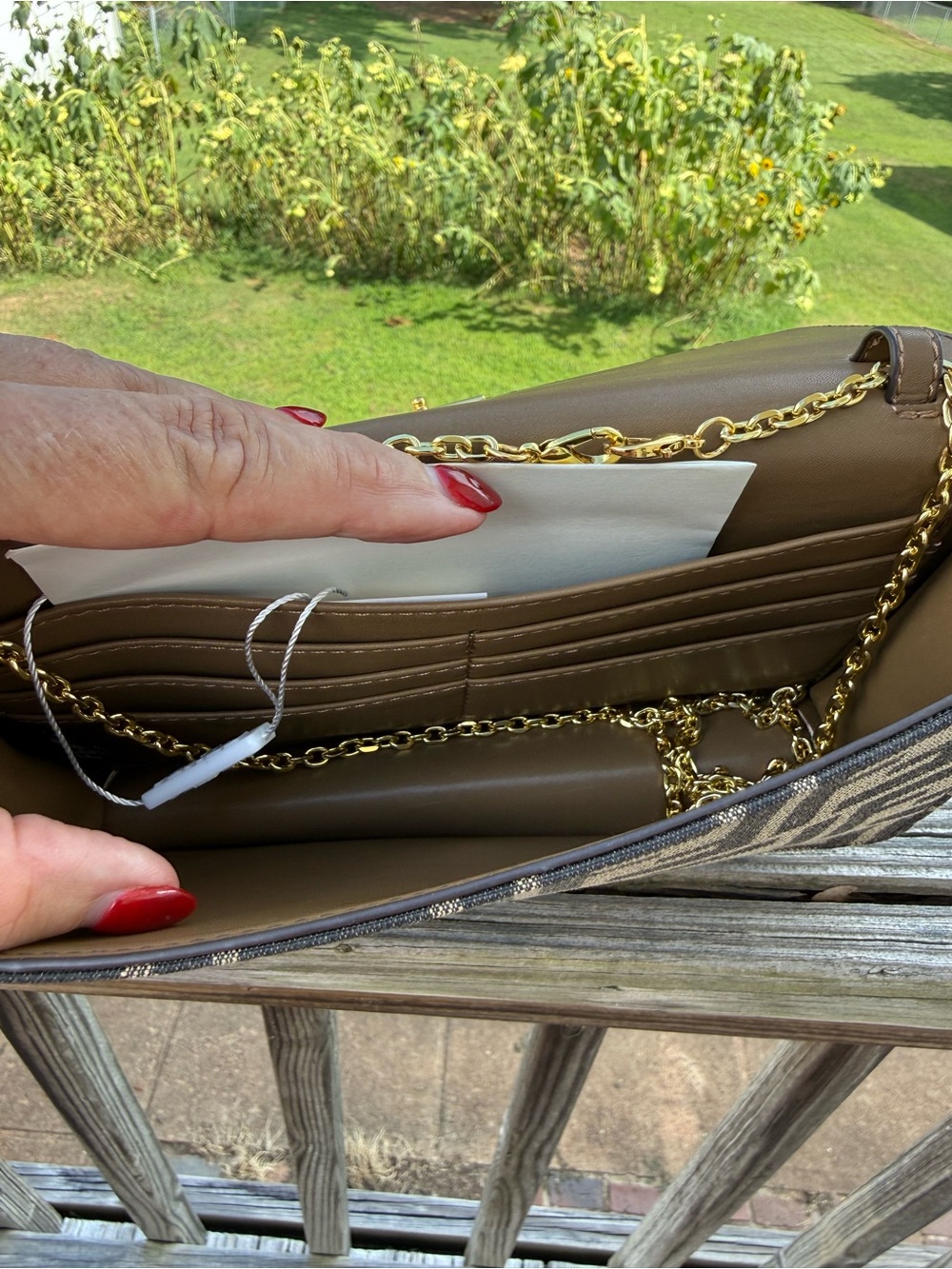 Zucca Canvas Wallet on a chain in Brown and Black with Gold Hardware - Picture 4 of 6
